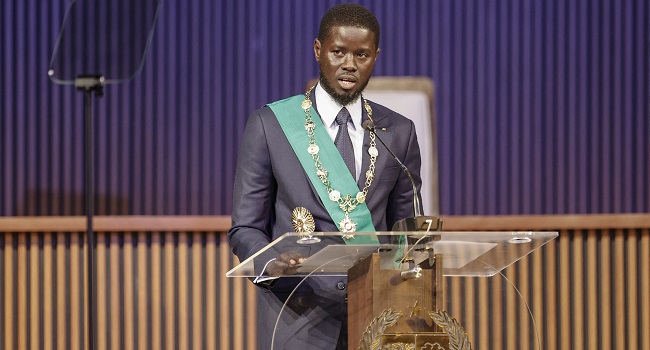 Bassirou Diomaye Faye speaks after being sworn in as Senegal’s President at an exhibition centre in the new town of Diamniadio near the capital Dakar on April 2, 2024.