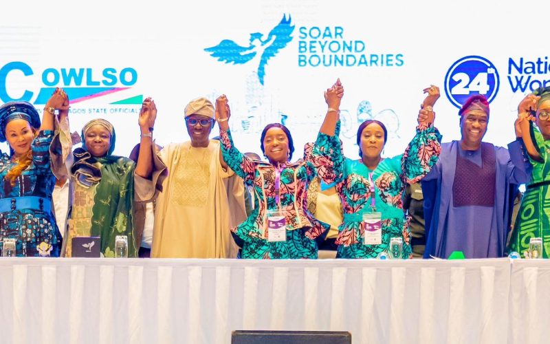l-r: Minister of women Affairs, Barr. Uju Kennedy-Ohanenye; representative of Nasarawa State Governor/Commissioner for Women Affairs and Social Development, Hajiya Aisha Rufa’i Ibrahim; Governor of Lagos State, Mr. Babajide Sanwo-Olu; his wife/Chairman, Committee of Wives of Lagos State Officials, COWLSO, Dr. (Mrs) Ibijoke Sanwo-Olu; COWLSO Vice Chairman/wife of the Lagos State Deputy Governor, Mrs. Oluremi Hamzat; Deputy, Deputy, Dr. Obafemi Hamzat and wife of Ogun State Governor, Mrs. Bamidele Abiodun, during the closing ceremony of COWLSO’s 24th National Women Conference, at the Eko Hotels & Suites, Victoria Island, on Wednesday, 11 September 2024.